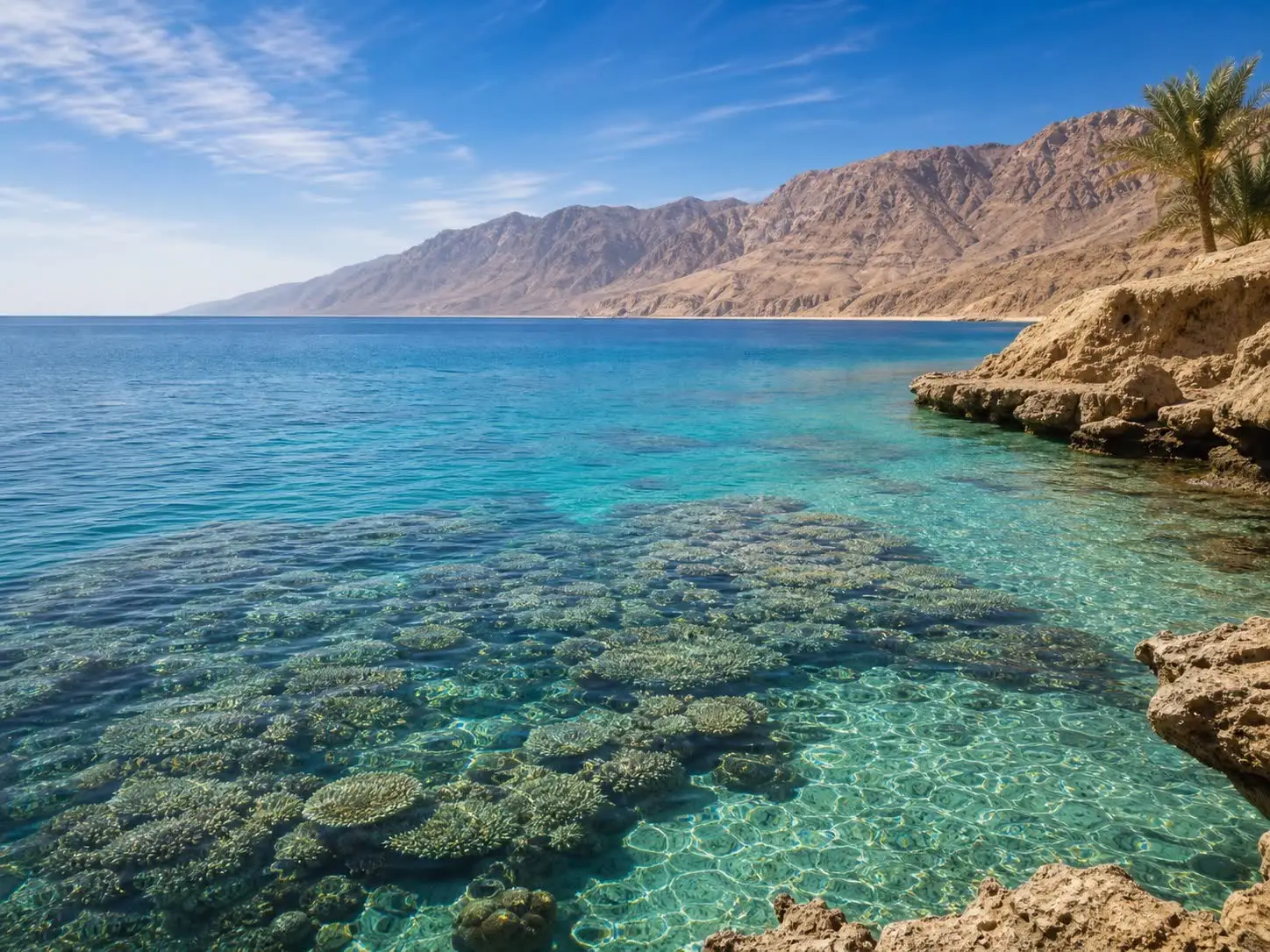 Helder turquoise water met koraal aan de kust van de Rode Zee